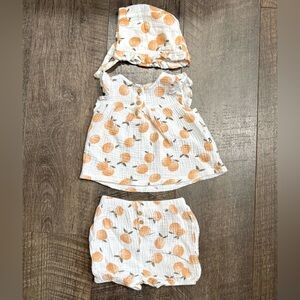 Rabbit + Bear 3 piece matching linen outfit peach print 18m